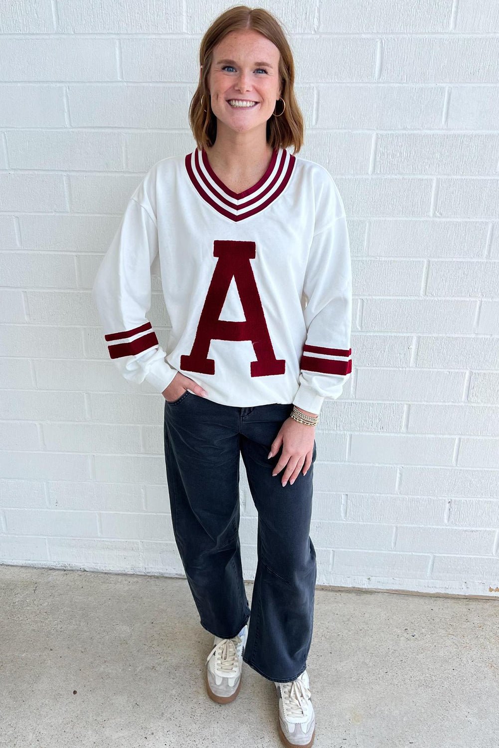 Red Dahlia Chenille Letter A Varsity Striped V Neck Sweatshirt - MAD RUFFI