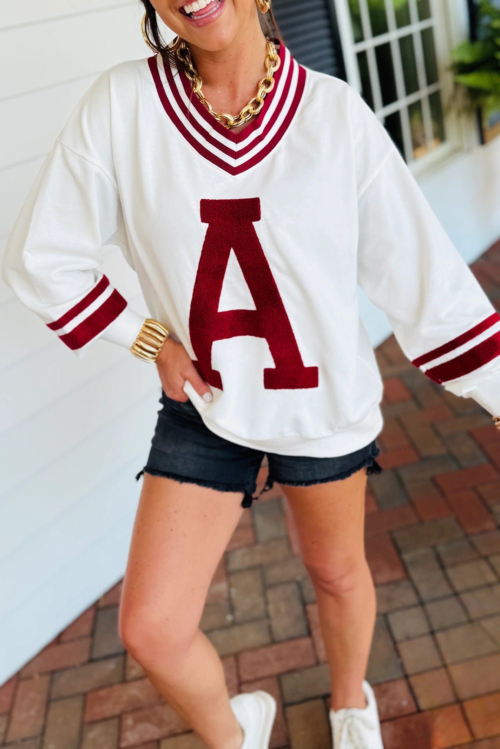 Red Dahlia Chenille Letter A Varsity Striped V Neck Sweatshirt - MAD RUFFI