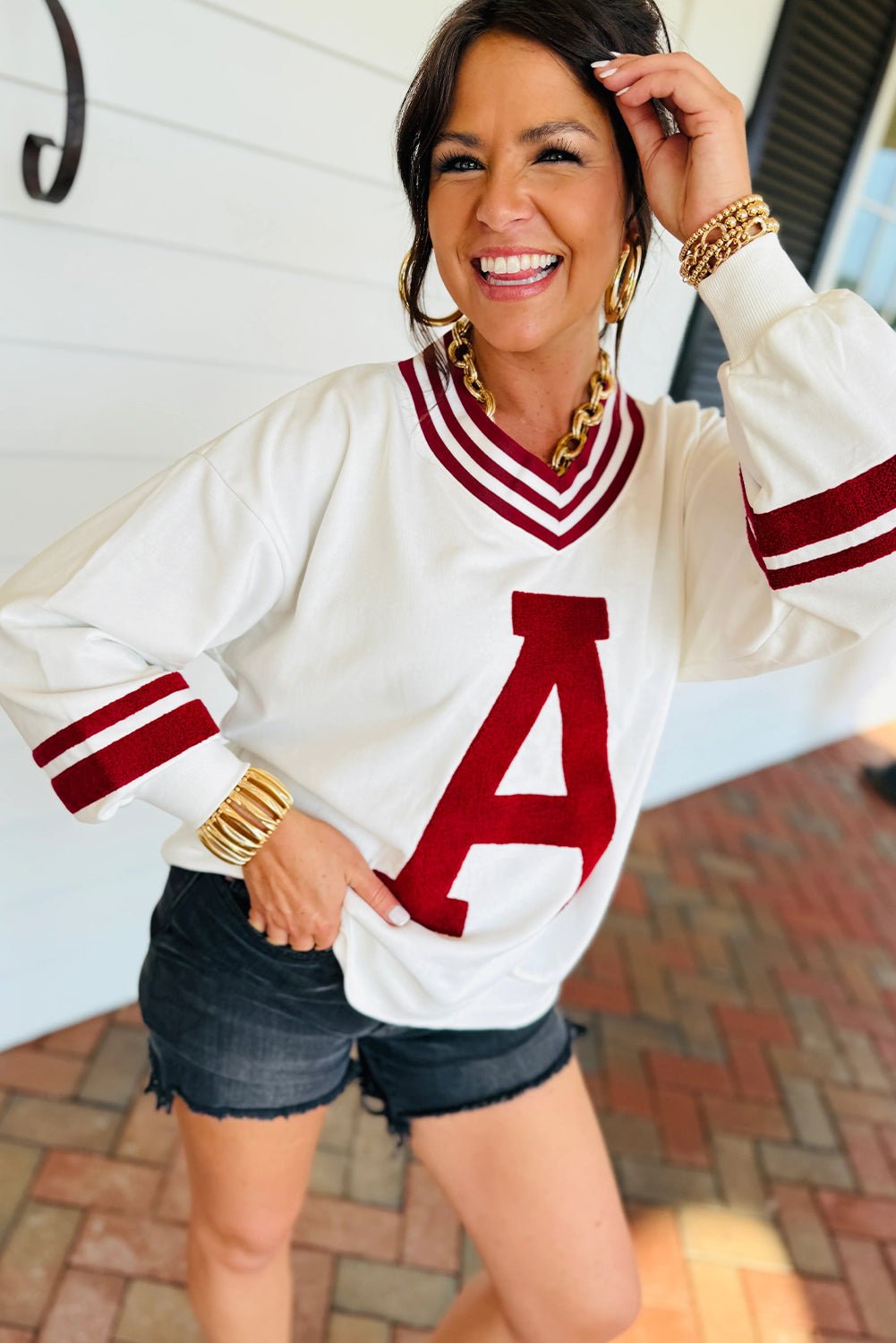 Red Dahlia Chenille Letter A Varsity Striped V Neck Sweatshirt - MAD RUFFI
