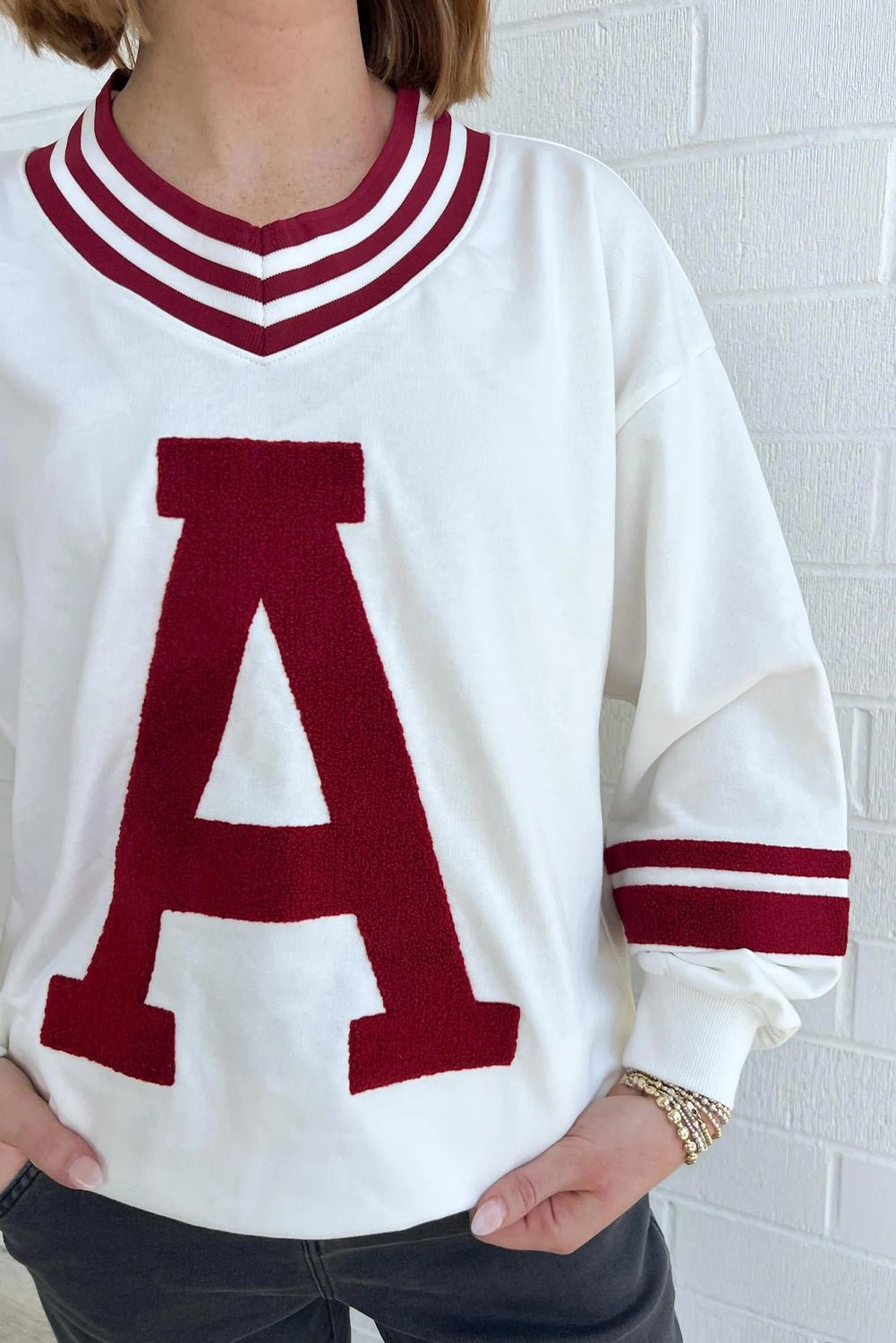 Red Dahlia Chenille Letter A Varsity Striped V Neck Sweatshirt - MAD RUFFI