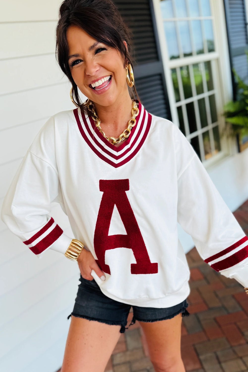 Red Dahlia Chenille Letter A Varsity Striped V Neck Sweatshirt - MAD RUFFI