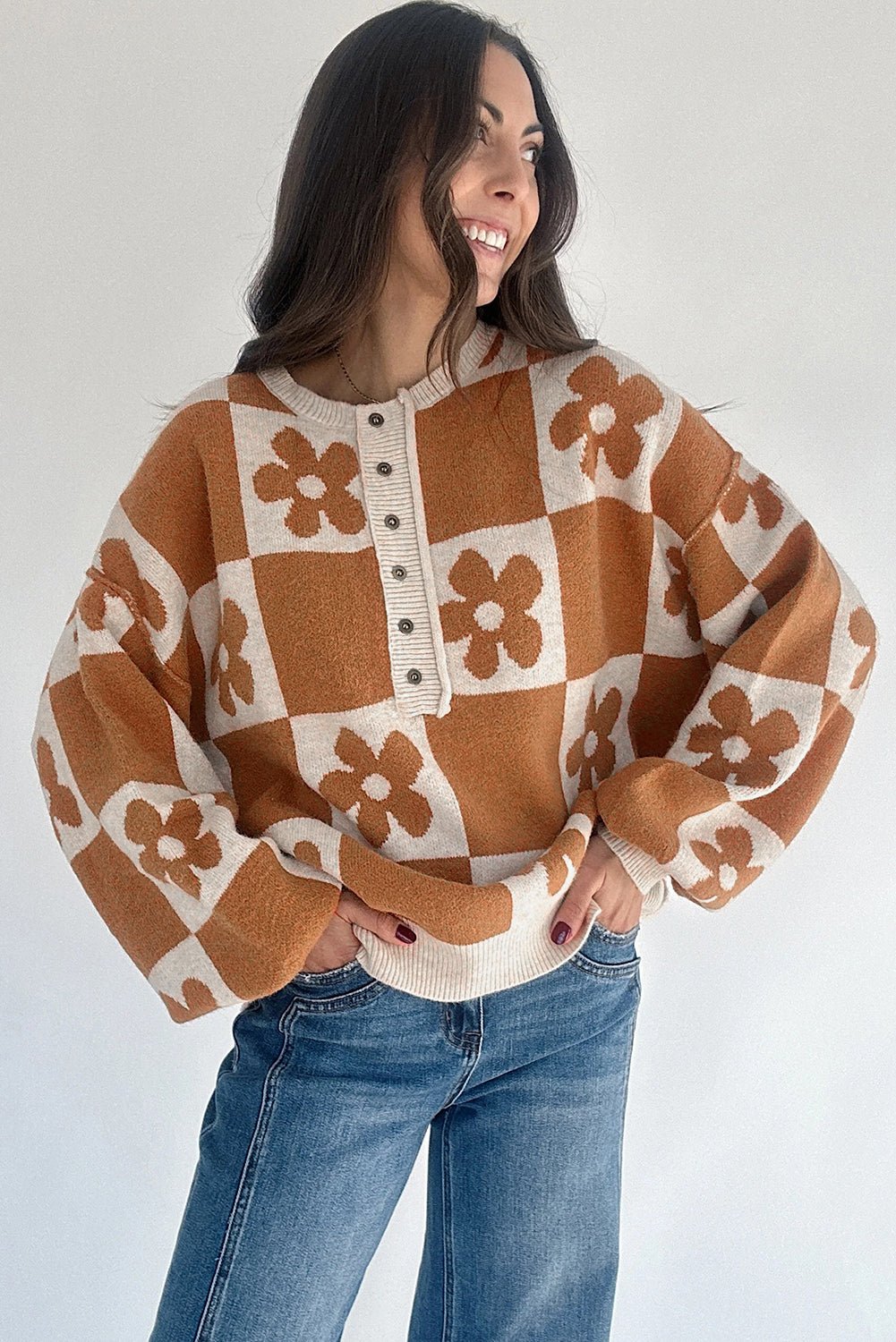 Red Dahlia Flower Colorblock Checkered Henley Sweater - MAD RUFFI