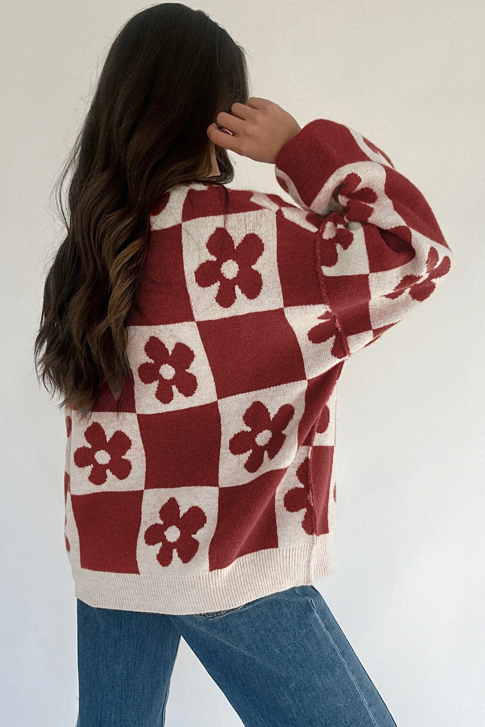 Red Dahlia Flower Colorblock Checkered Henley Sweater - MAD RUFFI