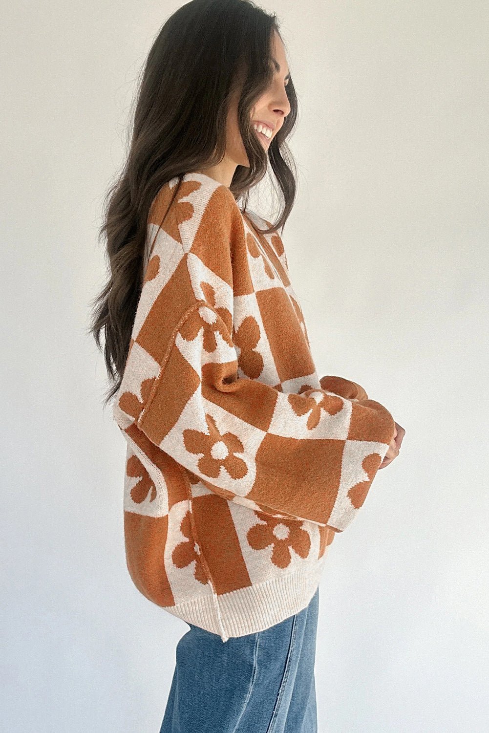 Red Dahlia Flower Colorblock Checkered Henley Sweater - MAD RUFFI