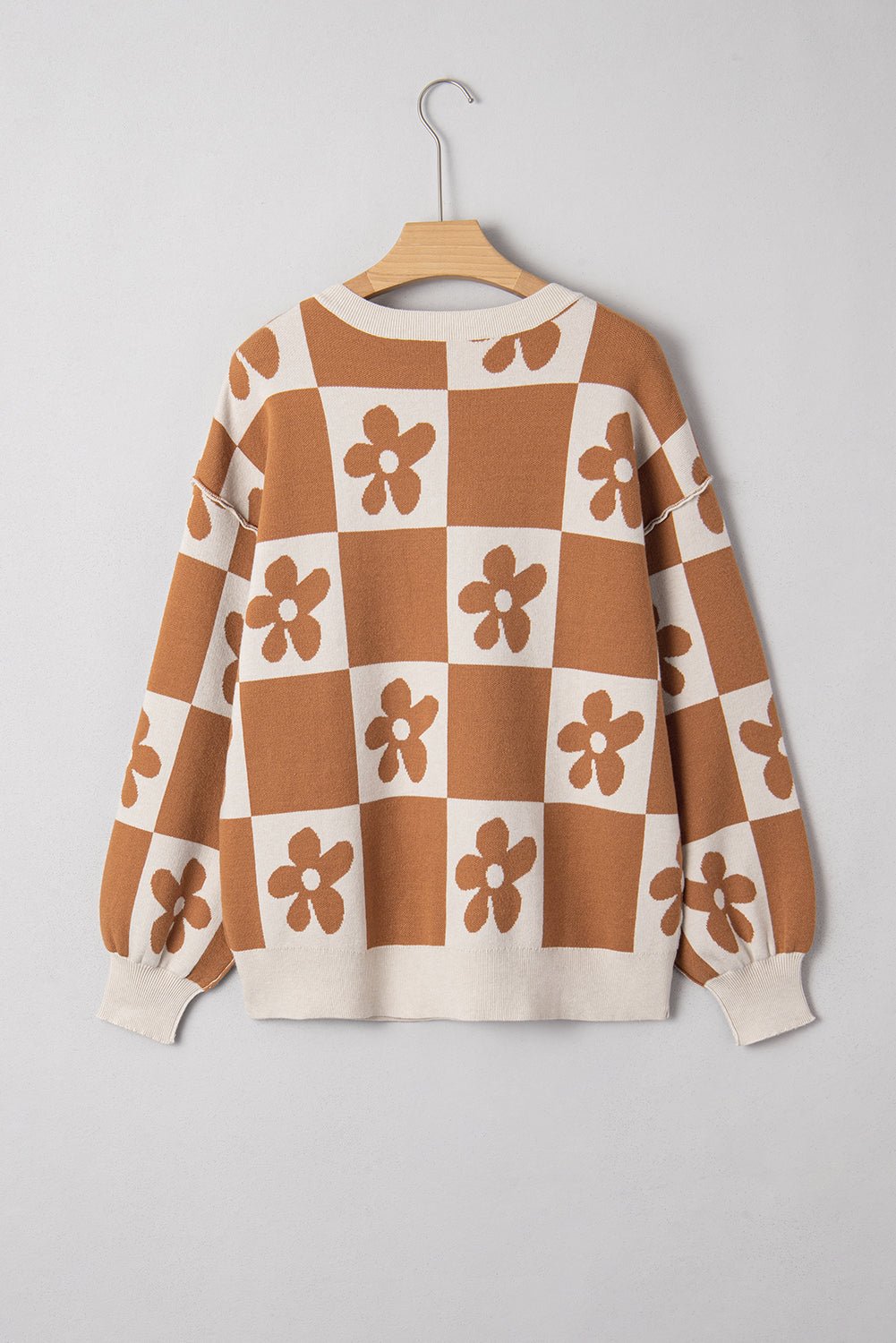 Red Dahlia Flower Colorblock Checkered Henley Sweater - MAD RUFFI