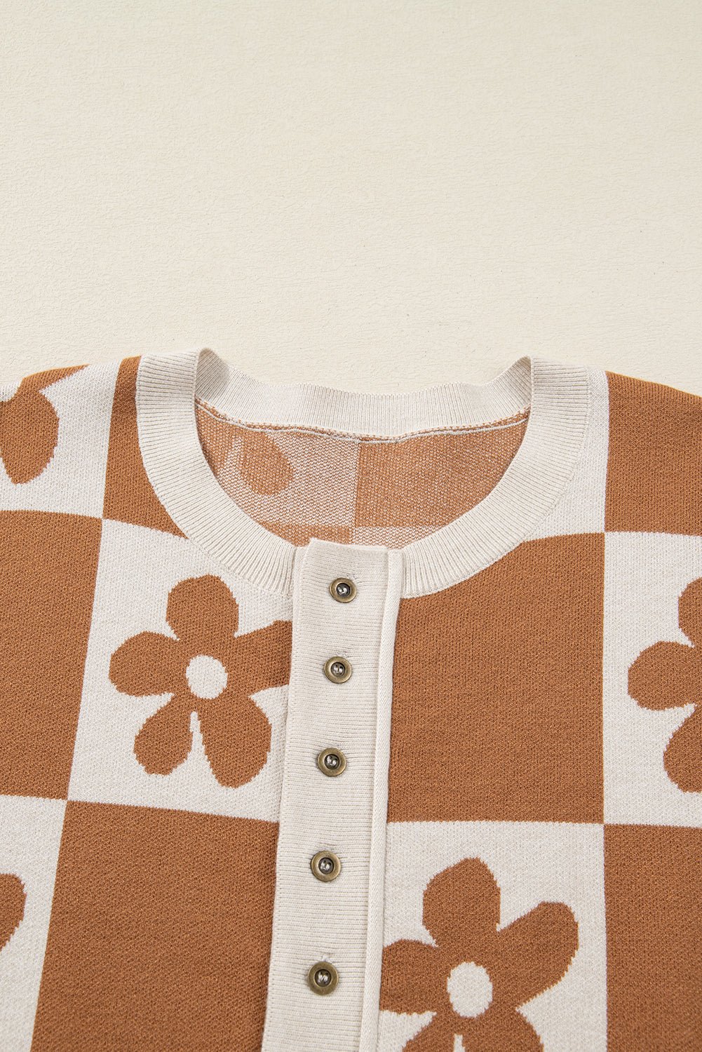 Red Dahlia Flower Colorblock Checkered Henley Sweater - MAD RUFFI