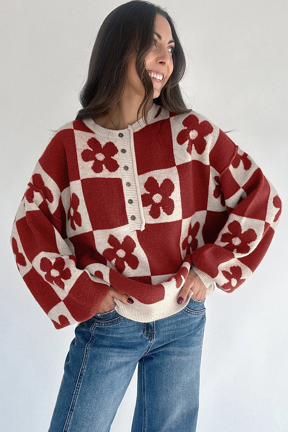 Red Dahlia Flower Colorblock Checkered Henley Sweater - MAD RUFFI