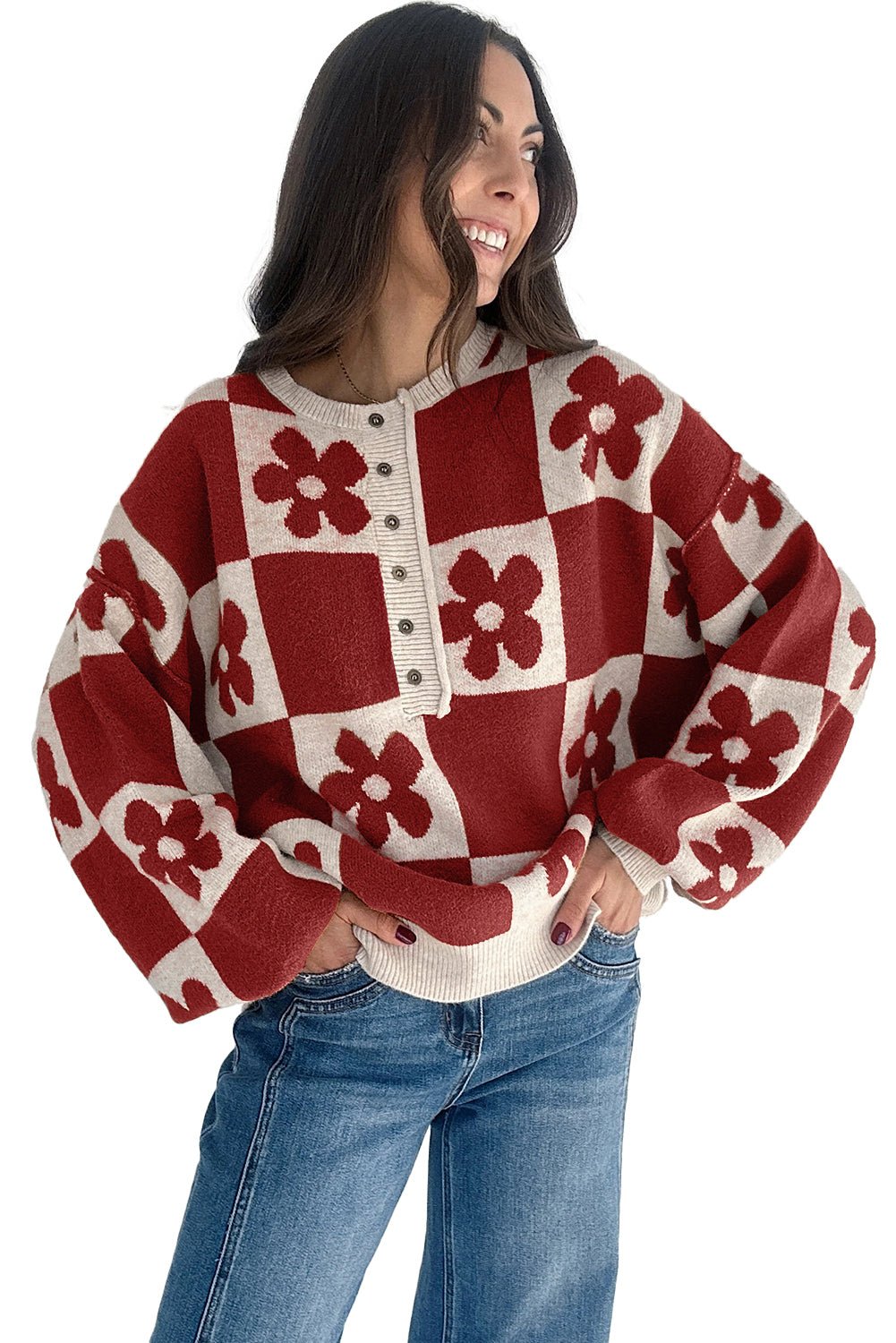 Red Dahlia Flower Colorblock Checkered Henley Sweater - MAD RUFFI