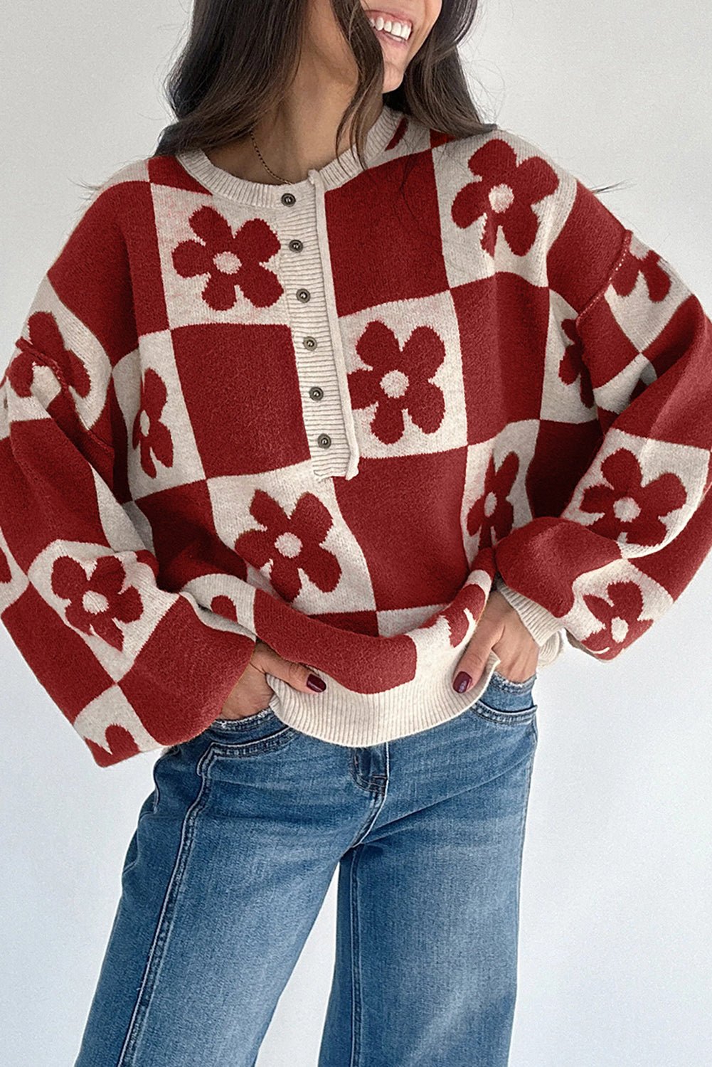 Red Dahlia Flower Colorblock Checkered Henley Sweater - MAD RUFFI