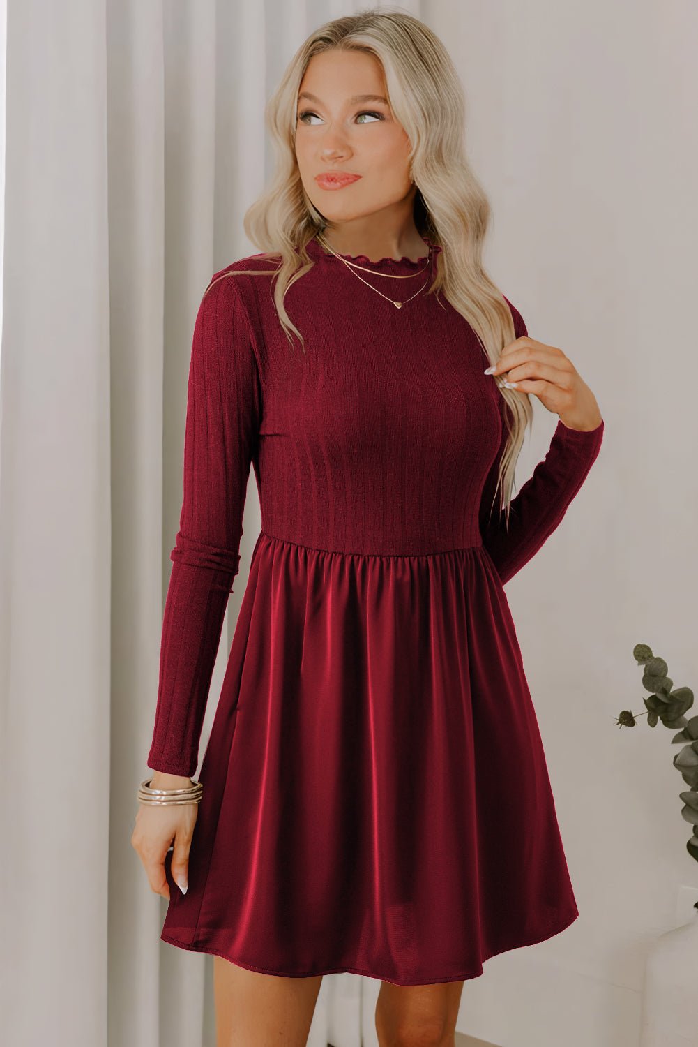 Red Dahlia Frilled Neck Ribbed Knit Patchwork Long Sleeve Mini Dress - MAD RUFFI
