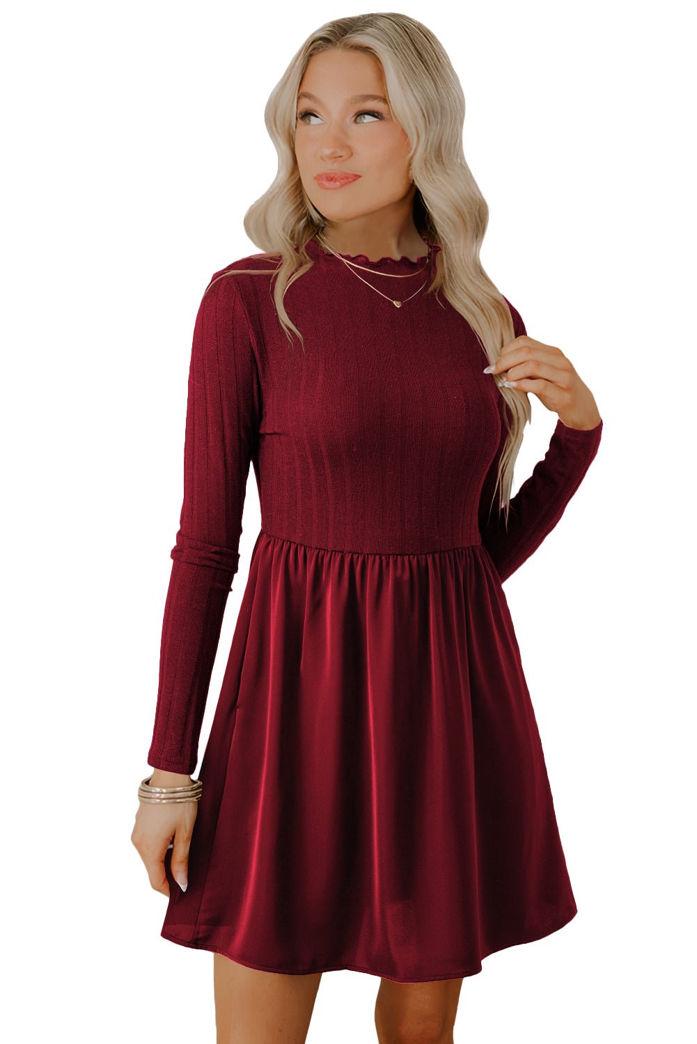 Red Dahlia Frilled Neck Ribbed Knit Patchwork Long Sleeve Mini Dress - MAD RUFFI