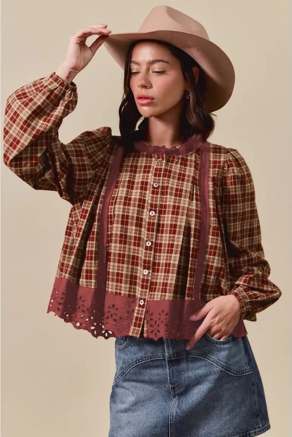 Red Dahlia Plaid Lace Hem Button Down Shirt - MAD RUFFI