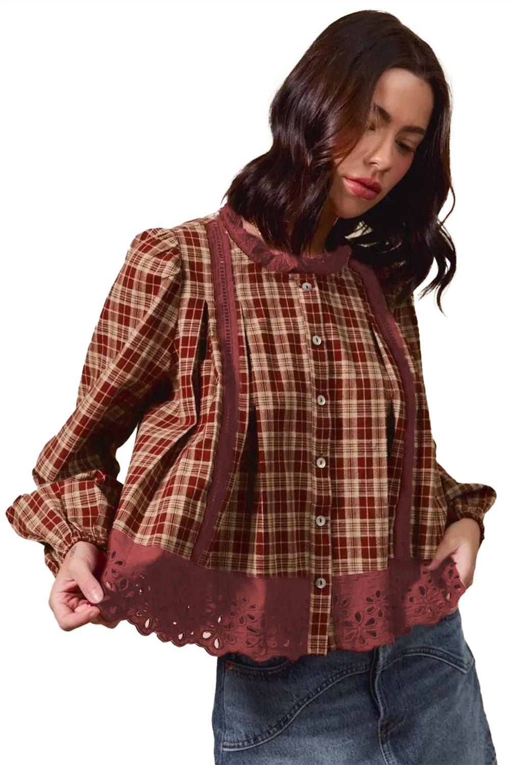 Red Dahlia Plaid Lace Hem Button Down Shirt - MAD RUFFI