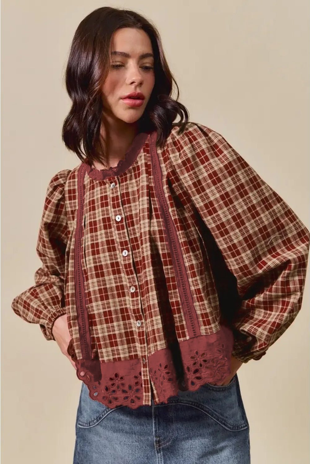 Red Dahlia Plaid Lace Hem Button Down Shirt - MAD RUFFI