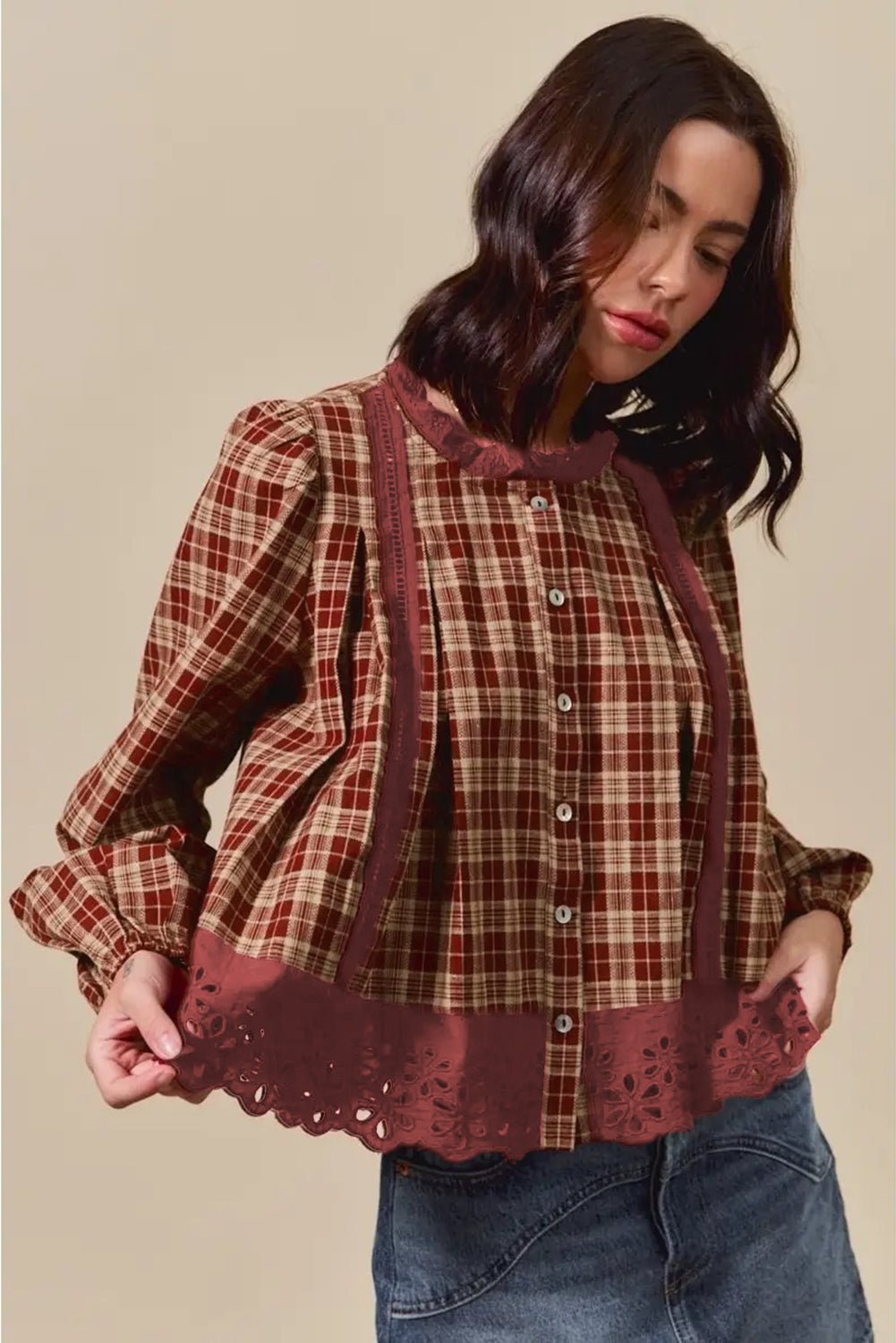 Red Dahlia Plaid Lace Hem Button Down Shirt - MAD RUFFI