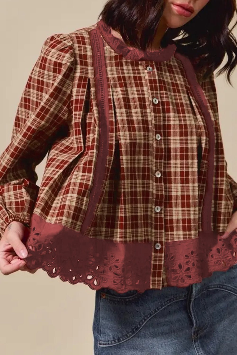 Red Dahlia Plaid Lace Hem Button Down Shirt - MAD RUFFI