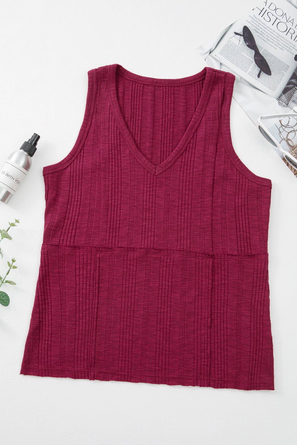 red dahlia ribbed textured exposed stitching tank top - MAD RUFFI