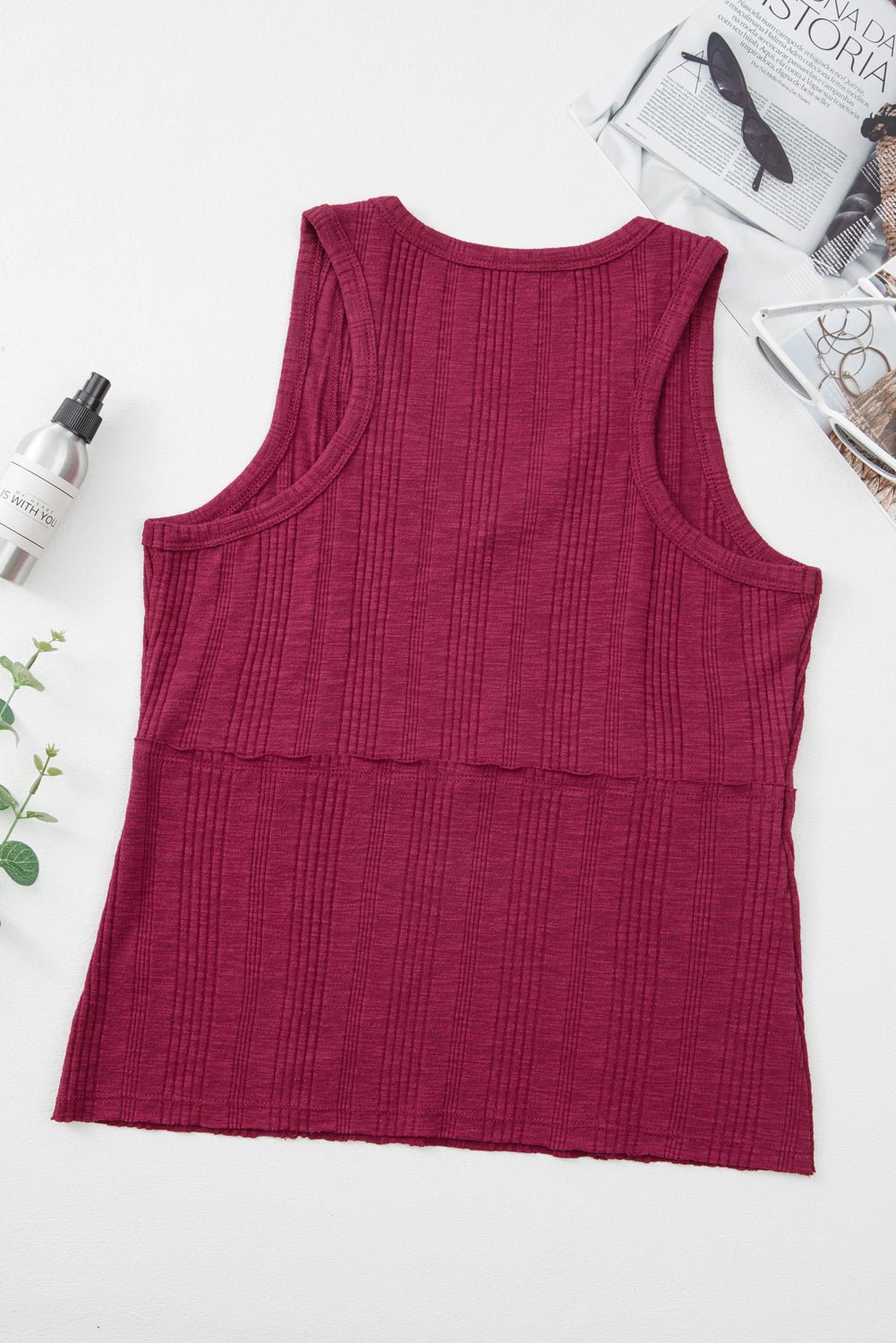 red dahlia ribbed textured exposed stitching tank top - MAD RUFFI