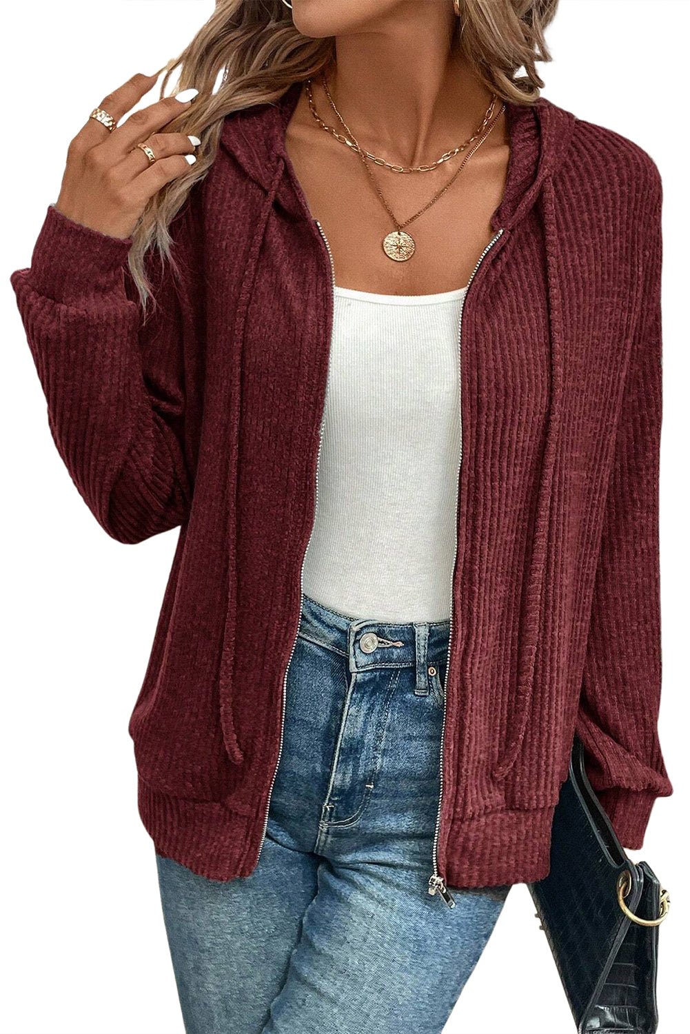 Red Dahlia Ribbed Zip Front Drawstring Hoodie - MAD RUFFI