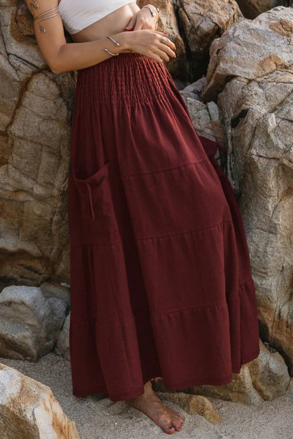 Red Dahlia Smocked Waist Bohemian Tiered Maxi Skirt - MAD RUFFI