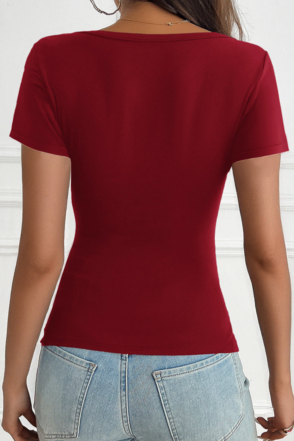 Red Dahlia Solid Color Lace Splicing V Neck T Shirt - MAD RUFFI