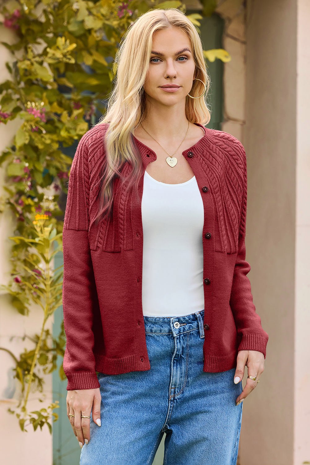 Red Dahlia Solid Color Textured Detail Button Down Long Sleeve Sweater Cardigan - MAD RUFFI