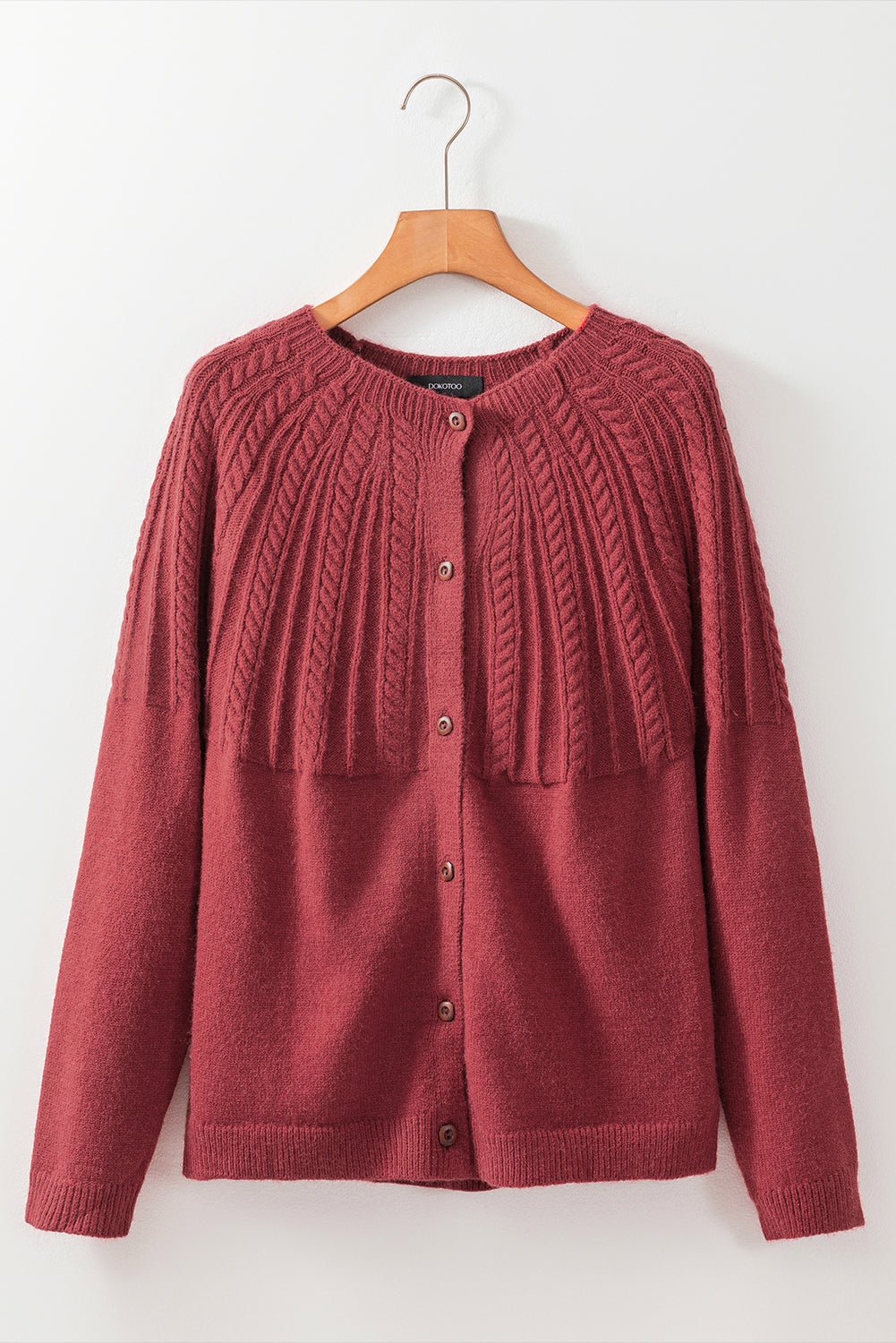 Red Dahlia Solid Color Textured Detail Button Down Long Sleeve Sweater Cardigan - MAD RUFFI