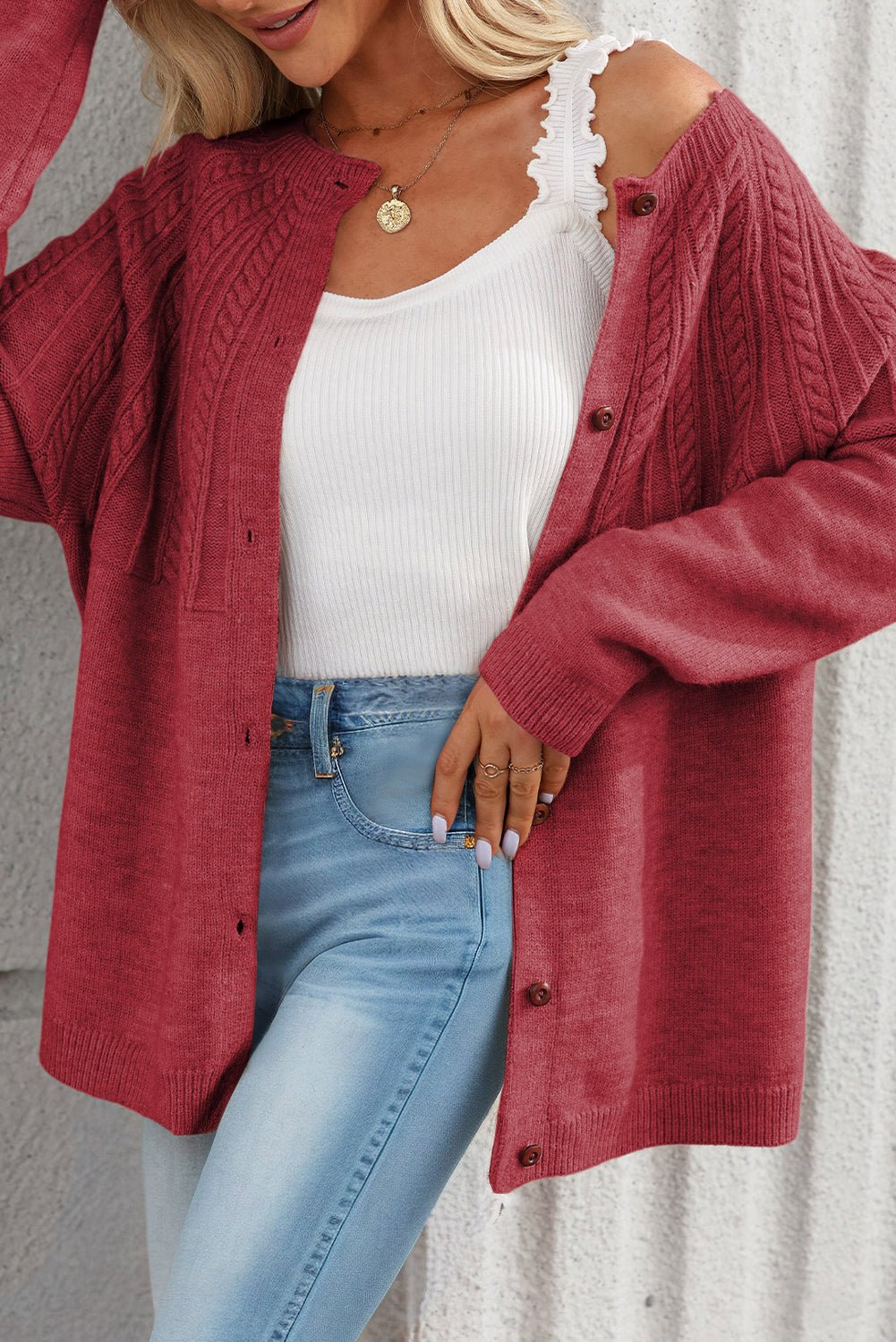 Red Dahlia Solid Color Textured Detail Button Down Long Sleeve Sweater Cardigan - MAD RUFFI
