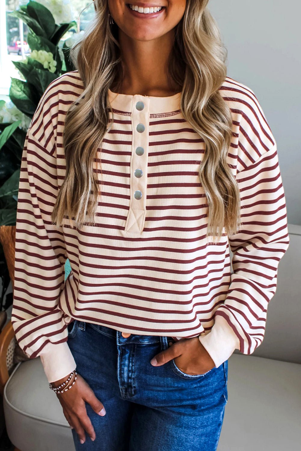 Red Dahlia Striped Henley Top - MAD RUFFI
