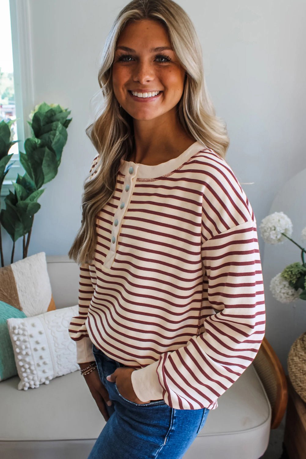 Red Dahlia Striped Henley Top - MAD RUFFI