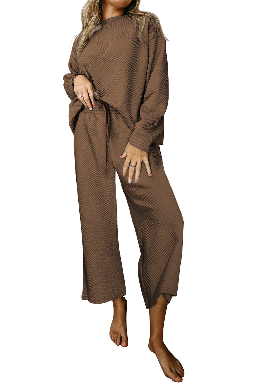 Red Dahlia Textured Loose Slouchy Long Sleeve Top and Pants Set - MAD RUFFI