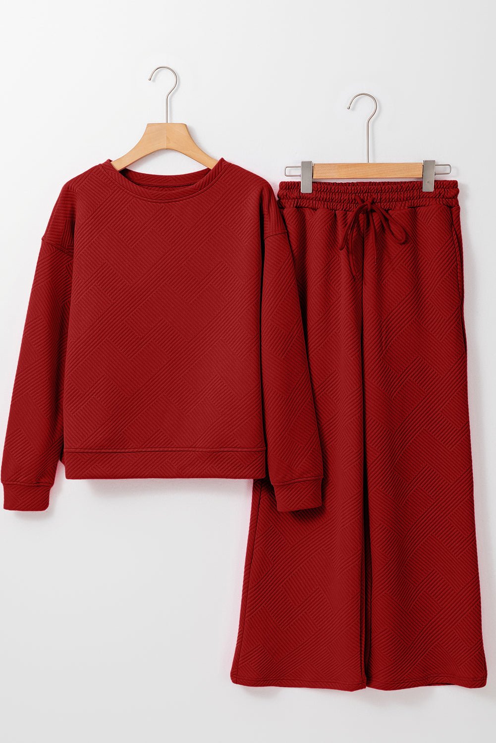Red Dahlia Textured Loose Slouchy Long Sleeve Top and Pants Set - MAD RUFFI