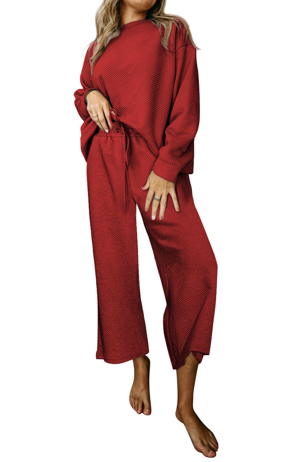 Red Dahlia Textured Loose Slouchy Long Sleeve Top and Pants Set - MAD RUFFI