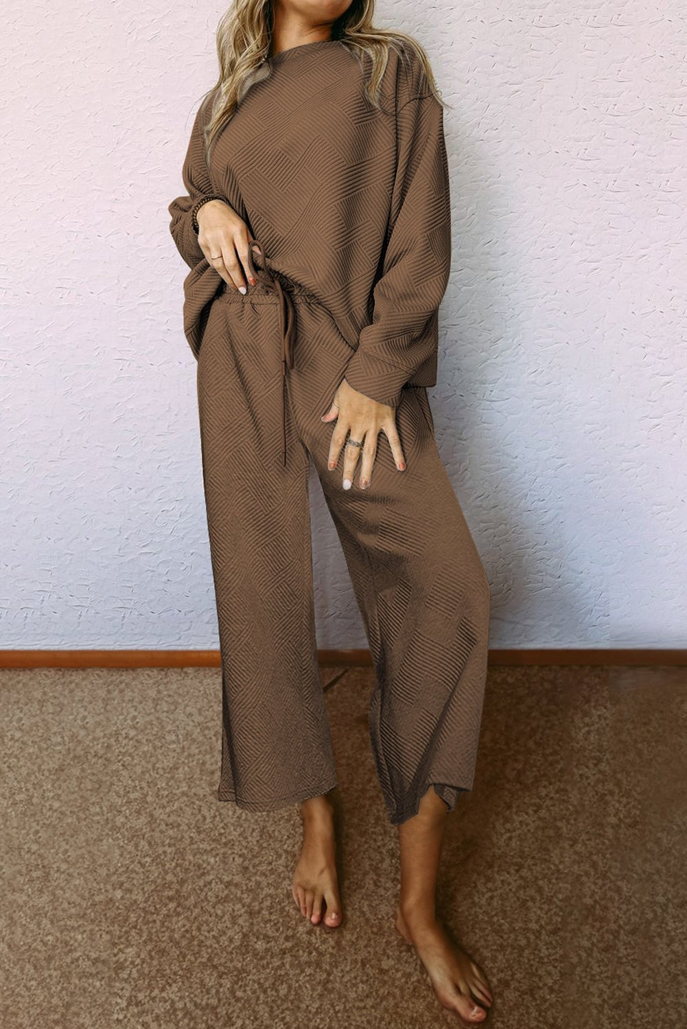 Red Dahlia Textured Loose Slouchy Long Sleeve Top and Pants Set - MAD RUFFI