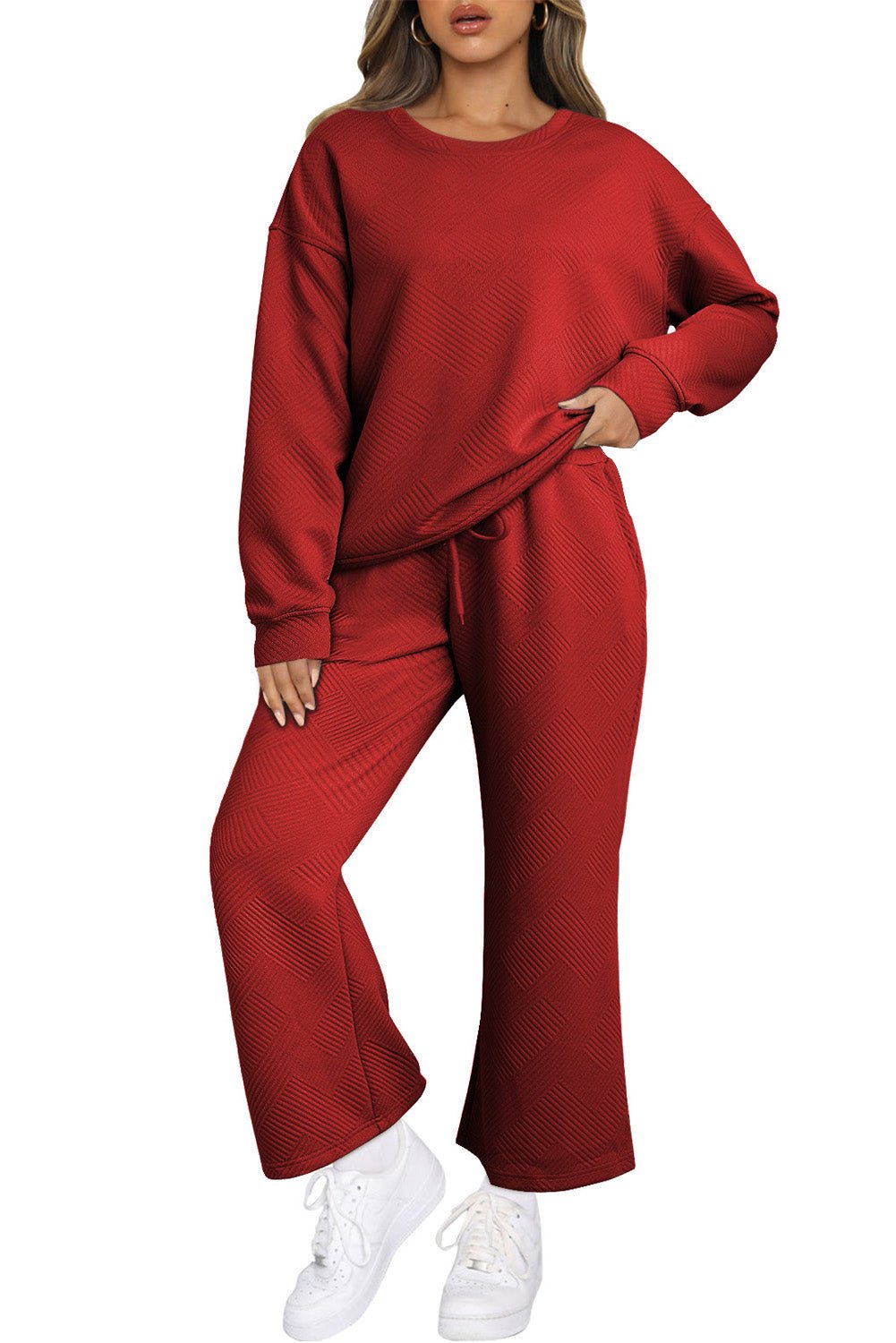 Red Dahlia Textured Loose Slouchy Long Sleeve Top and Pants Set - MAD RUFFI
