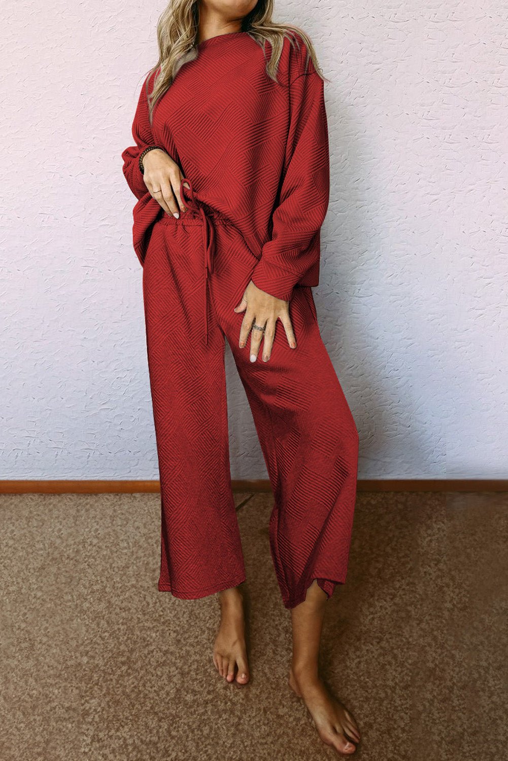 Red Dahlia Textured Loose Slouchy Long Sleeve Top and Pants Set - MAD RUFFI