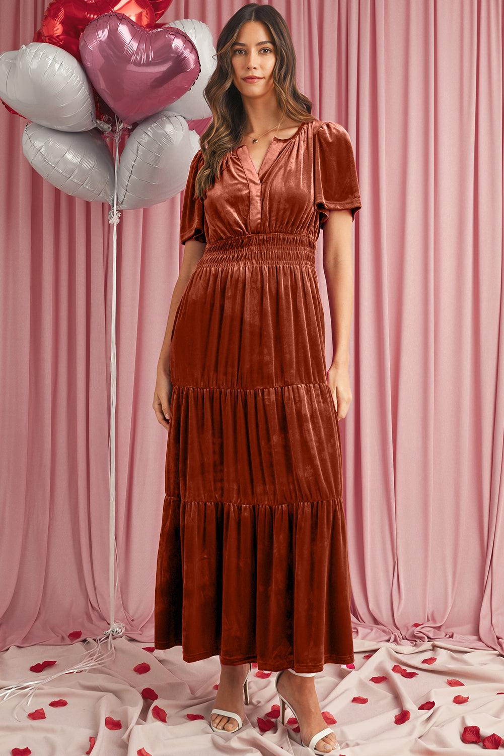 Red Dahlia Velvet Short Sleeve Shirred Waist Tiered Maxi Dress - MAD RUFFI