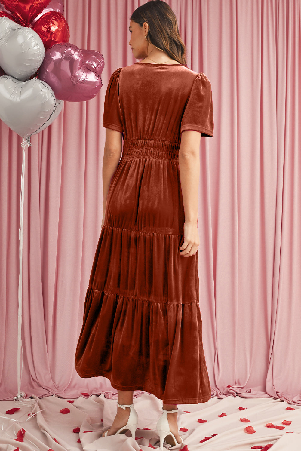 Red Dahlia Velvet Short Sleeve Shirred Waist Tiered Maxi Dress - MAD RUFFI