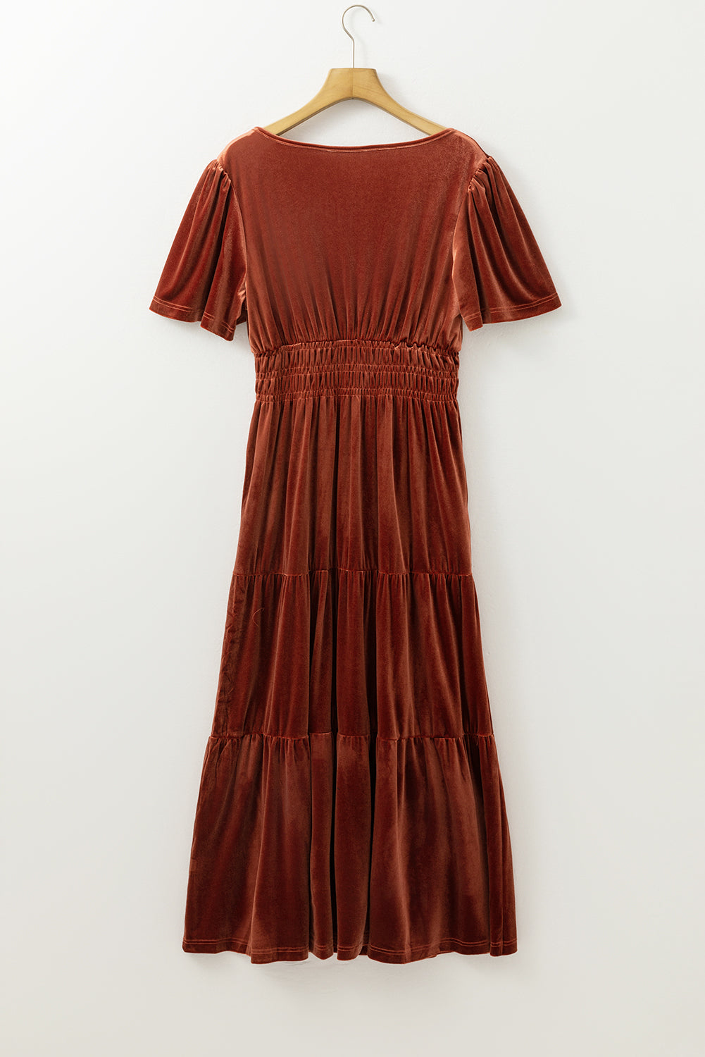 Red Dahlia Velvet Short Sleeve Shirred Waist Tiered Maxi Dress - MAD RUFFI