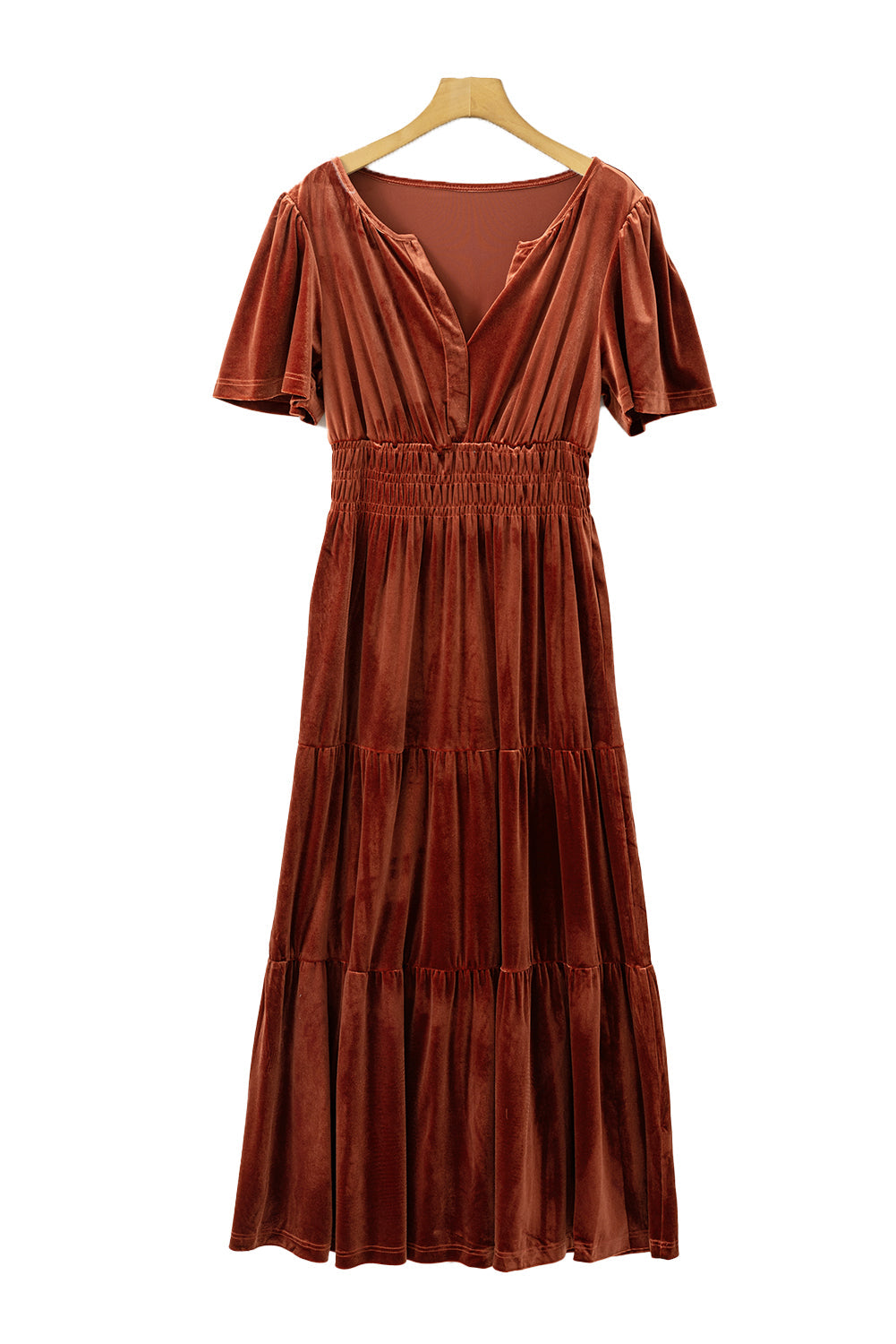 Red Dahlia Velvet Short Sleeve Shirred Waist Tiered Maxi Dress - MAD RUFFI