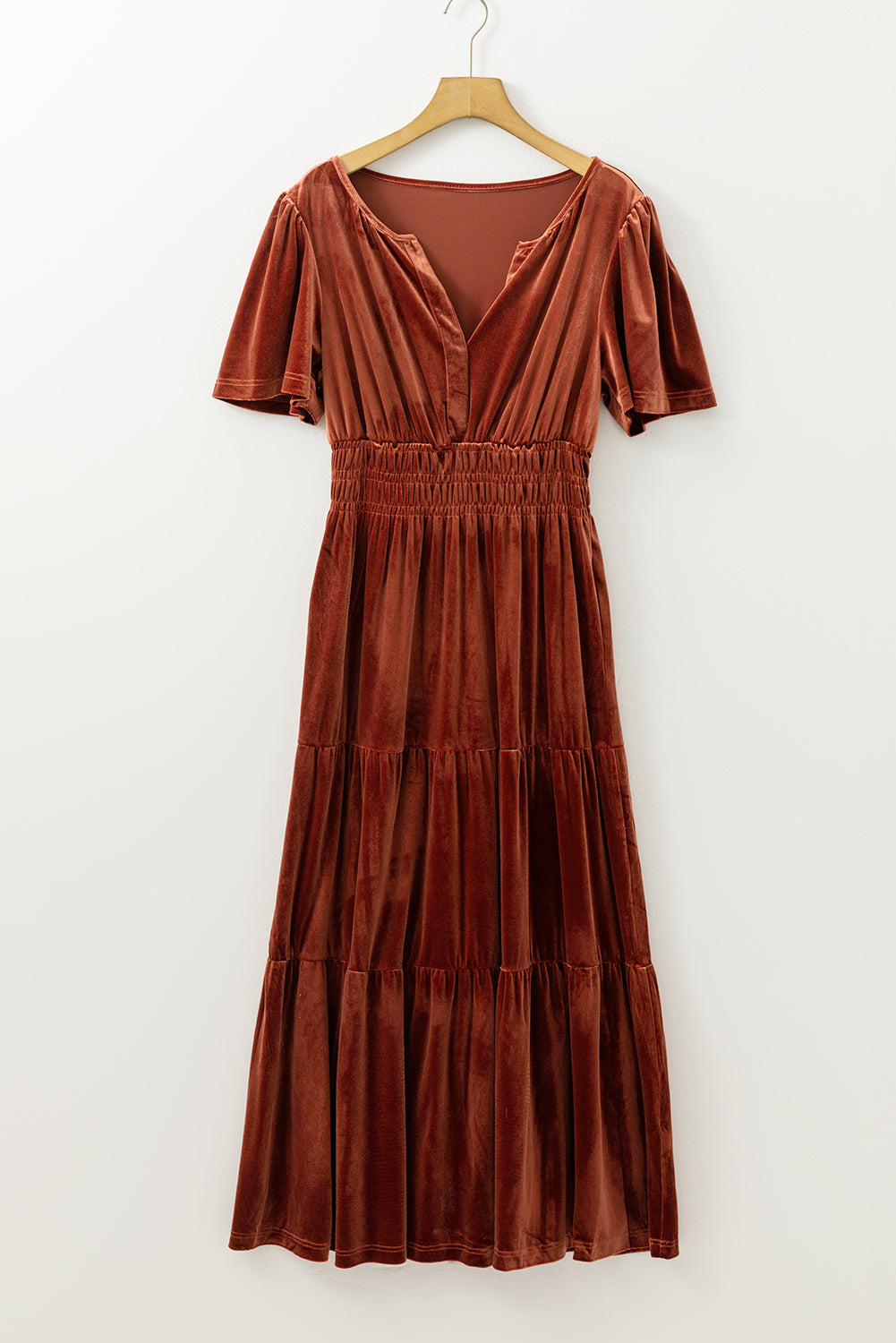 Red Dahlia Velvet Short Sleeve Shirred Waist Tiered Maxi Dress - MAD RUFFI