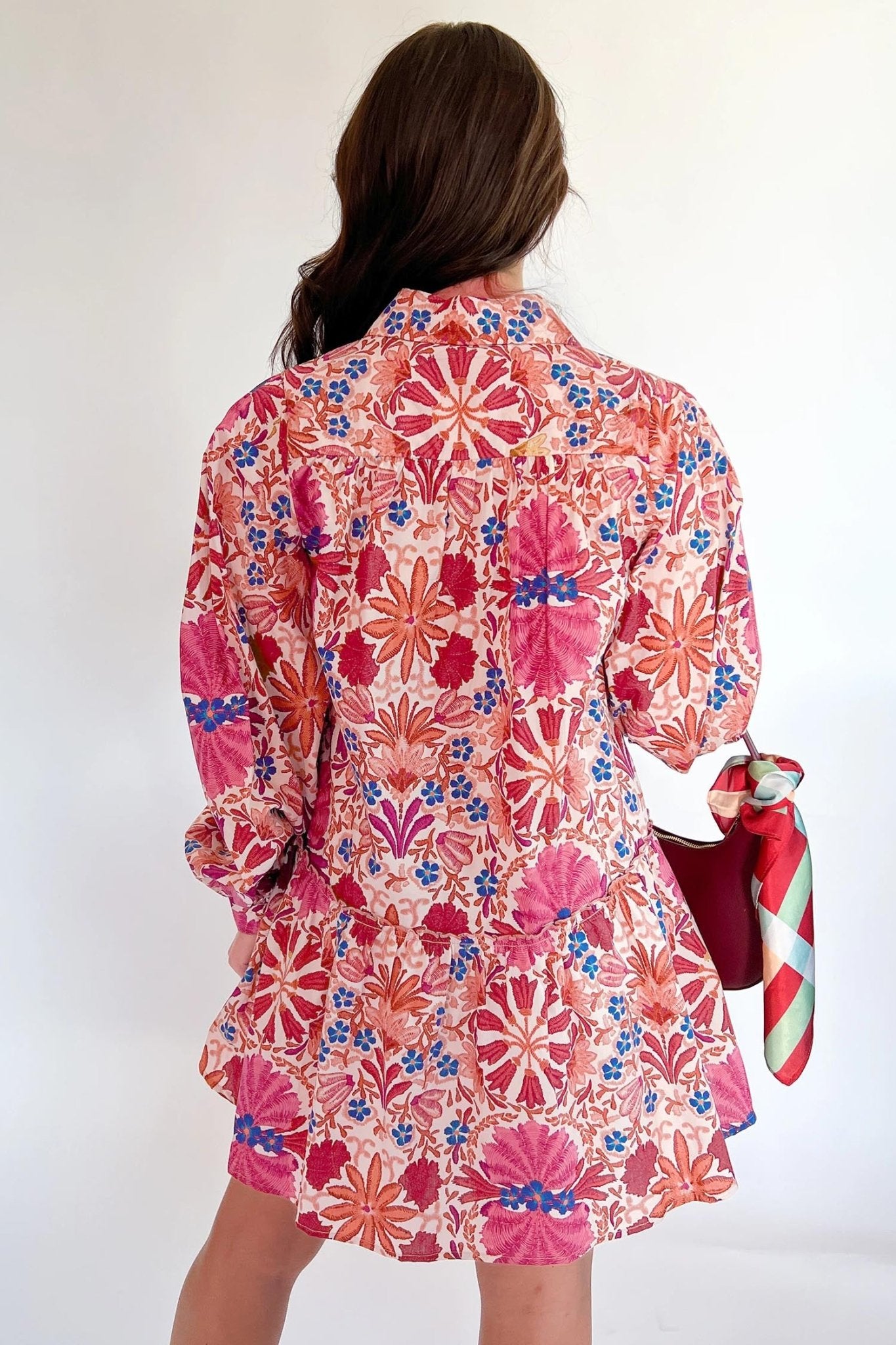 Red Fall Flower Print Long Sleeve Mini Dress - MAD RUFFI