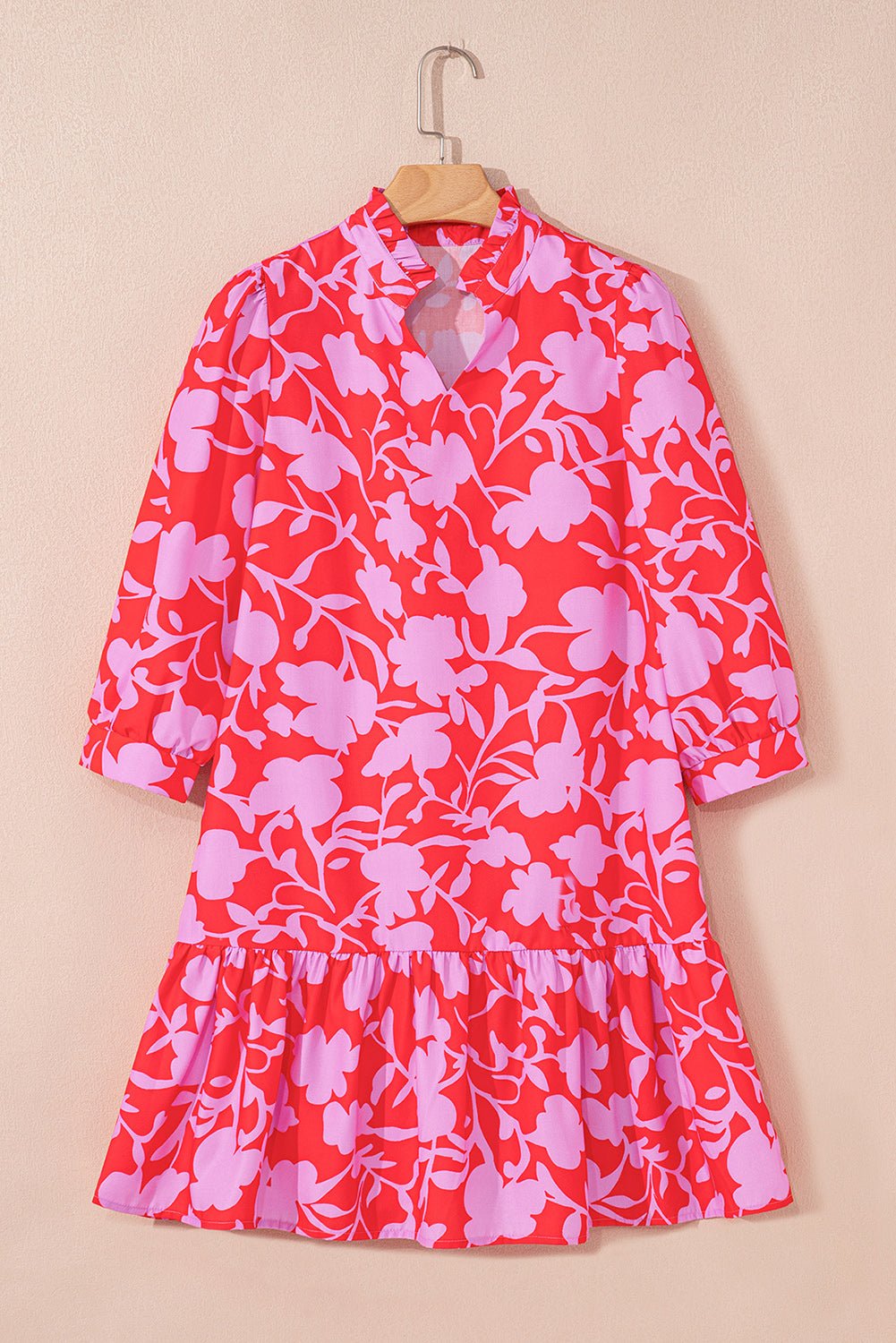 Red Floral 3/4 Sleeve Ruffle Hem Mini Dress - MAD RUFFI
