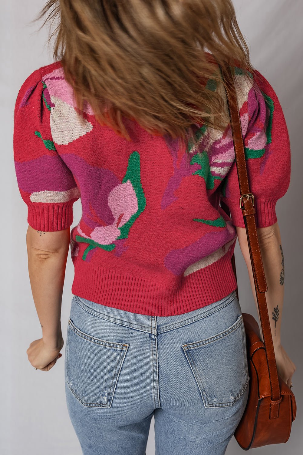 Red Floral Abstract Print Short Puff Sleeve Sweater - MAD RUFFI