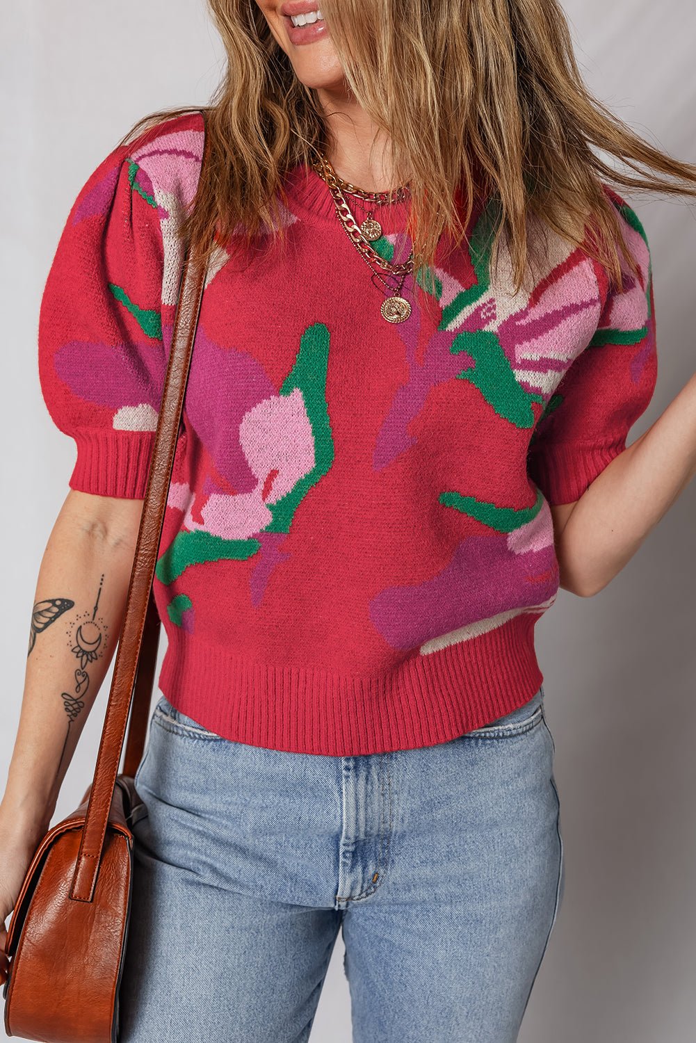 Red Floral Abstract Print Short Puff Sleeve Sweater - MAD RUFFI