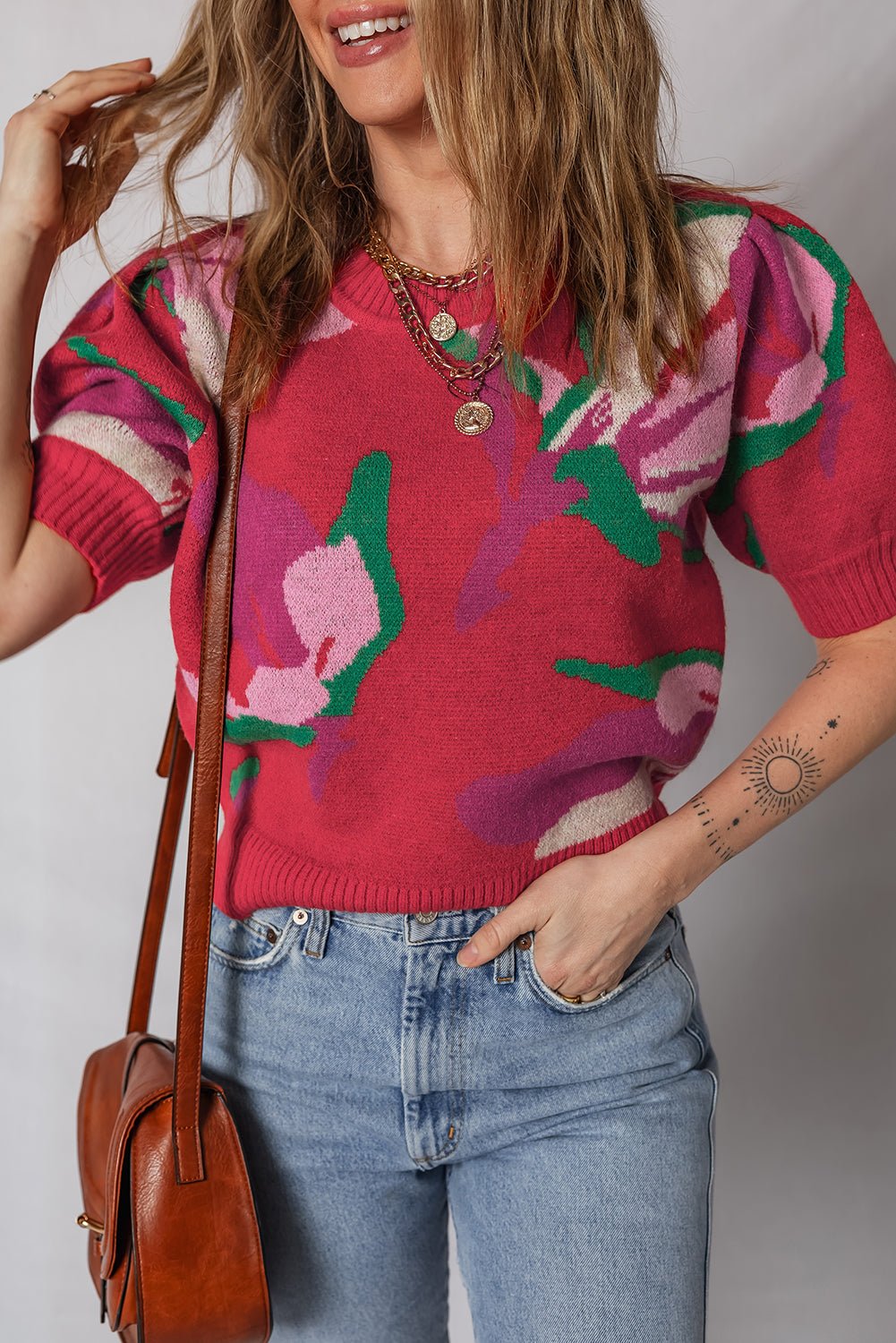 Red Floral Abstract Print Short Puff Sleeve Sweater - MAD RUFFI