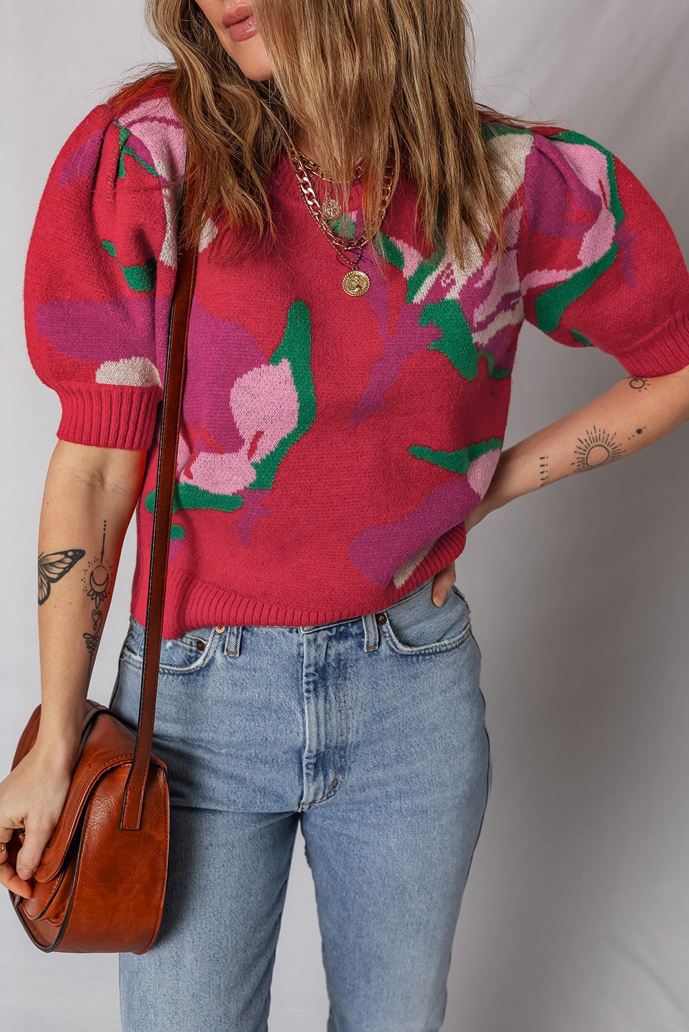 Red Floral Abstract Print Short Puff Sleeve Sweater - MAD RUFFI