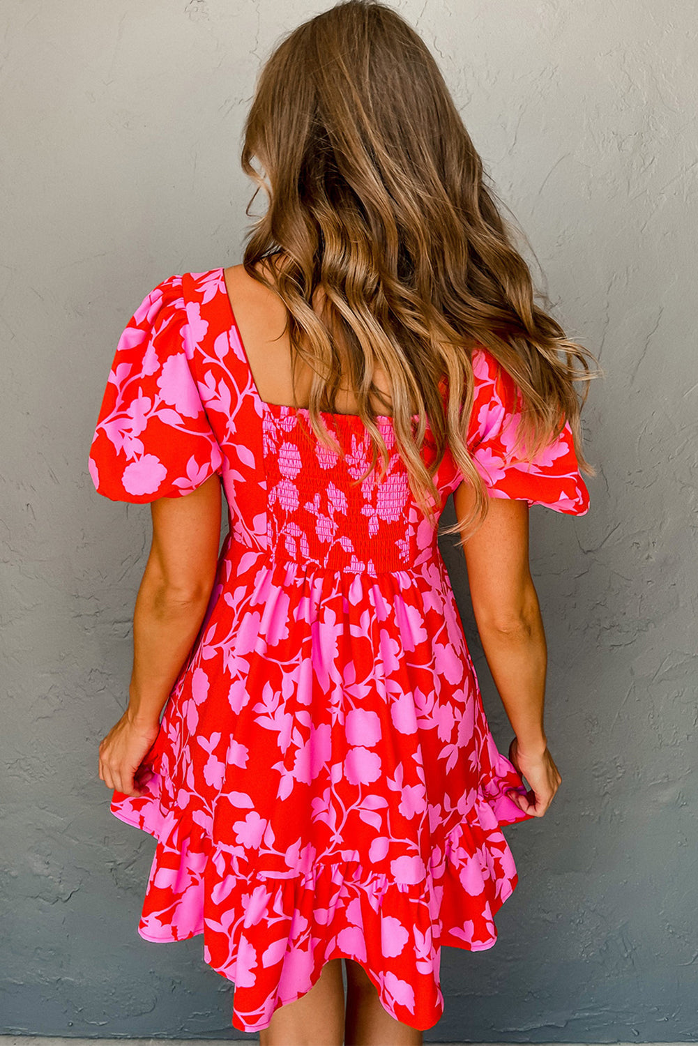 Red Floral Bubble Sleeve Sweetheart Neck Ruffled Mini Dress - MAD RUFFI