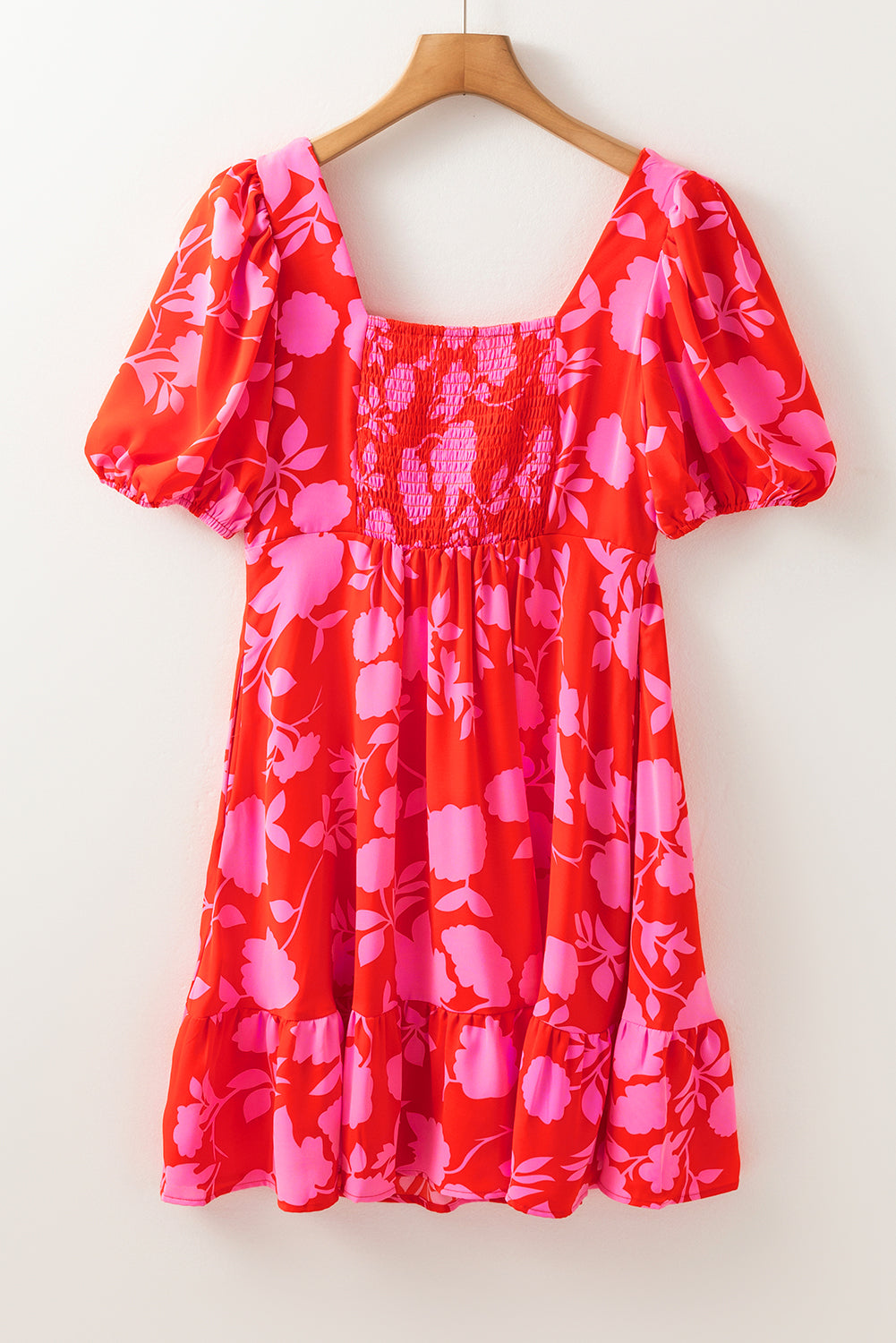 Red Floral Bubble Sleeve Sweetheart Neck Ruffled Mini Dress - MAD RUFFI