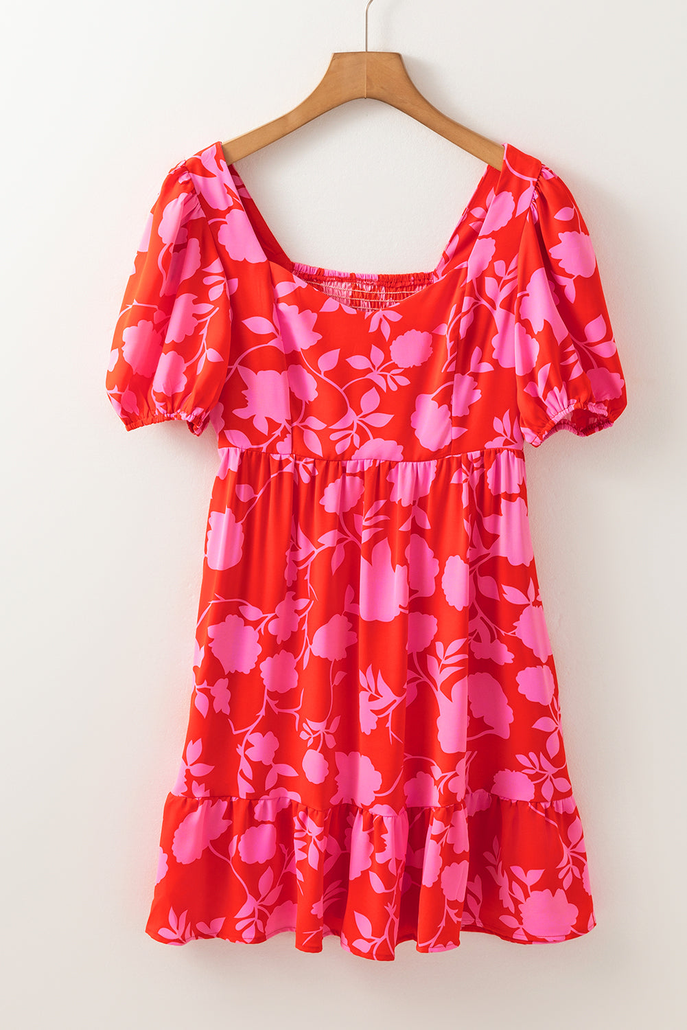 Red Floral Bubble Sleeve Sweetheart Neck Ruffled Mini Dress - MAD RUFFI